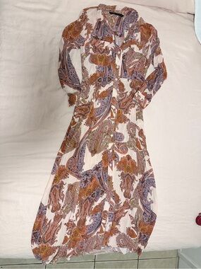 Women’s Paisley Button-Front Maxi Shirt Dress - Pink & Brown